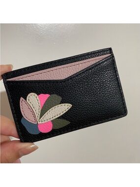 NWT! Fossil Black Pink Leather Floral Card Case Holder